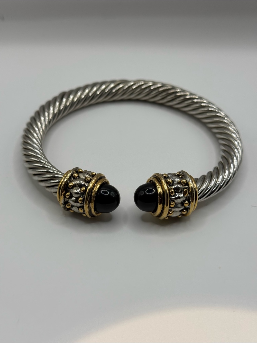 Two-Tone Open Cuff Bracelet with Black Stone Accents 6.5”